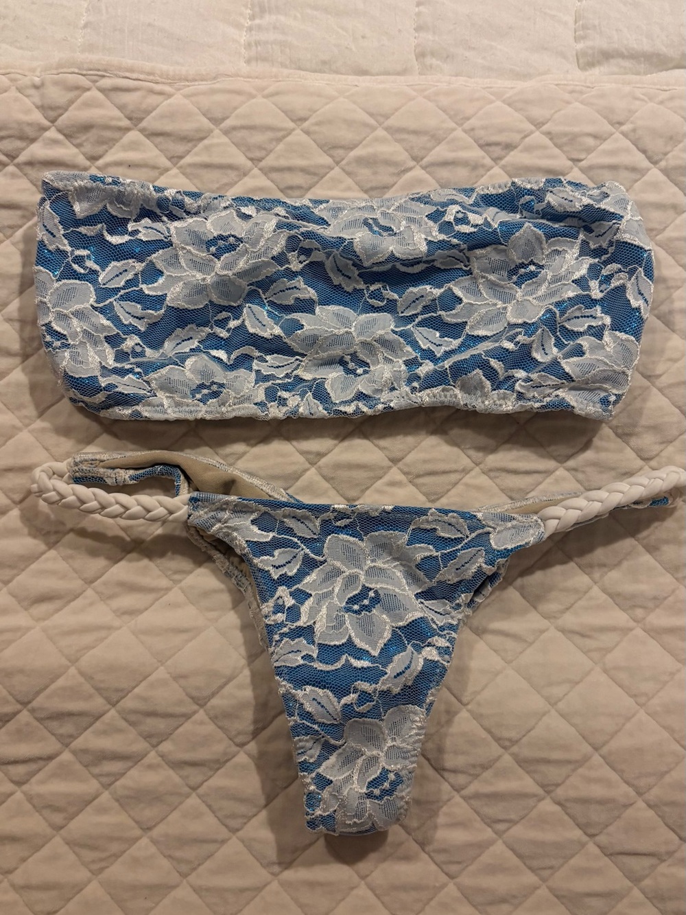 Ravish Sands Blue and White Lace Bandeau Bikini Set - Women Swim Bikini